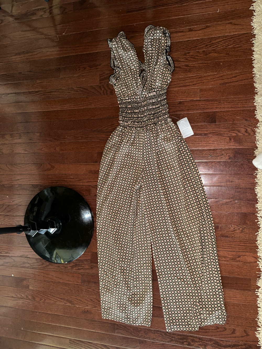 Max Studio Brown & Cream Geometric Smocked-Waist Jumpsuit